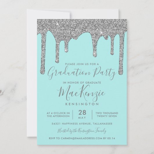 Aqua Blauwgroen Silver Glitter Drips Graduation Pa Kaart (Voorkant)