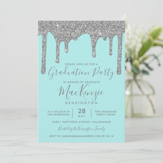 Aqua Blauwgroen Silver Glitter Drips Graduation Pa Kaart (Staand voorkant)