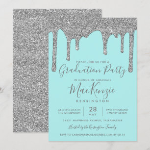 Aqua Blauwgroen Silver Glitter Drips Graduation Pa Kaart