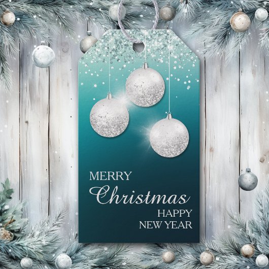 Aqua Blauwgroen Silver Glitter-kerstlampen Cadeaulabel