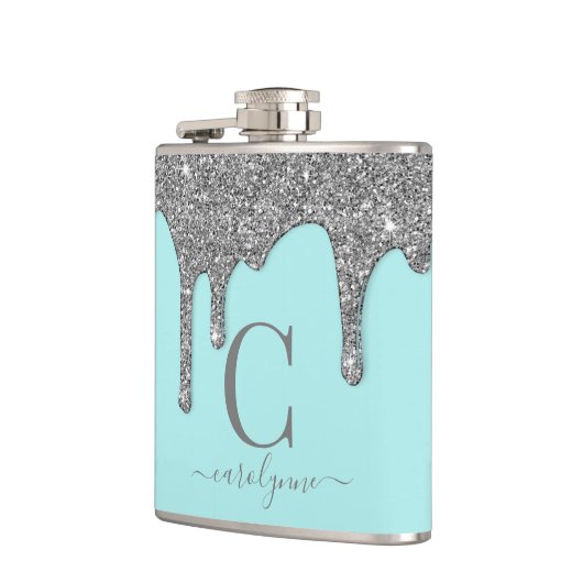 Aqua Blauwgroen Silver Sparkle Glitter Drift Monog Heupfles (Links)