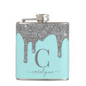 Aqua Blauwgroen Silver Sparkle Glitter Drift Monog Heupfles (Voorkant)