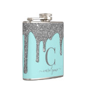 Aqua Blauwgroen Silver Sparkle Glitter Drift Monog Heupfles (Rechts)