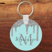 Aqua Blauwgroen Silver Sparkle Glitter Drift Monog Sleutelhanger (Voorkant)