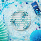 Aqua Blauwgroen Stripes Waterverf Jellyfish Papieren Bordje (Feest)