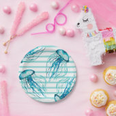 Aqua Blauwgroen Stripes Waterverf Jellyfish Papieren Bordje (Feest)