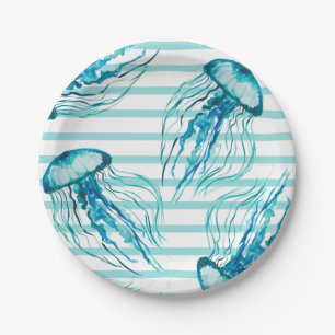 Aqua Blauwgroen Stripes Waterverf Jellyfish Papieren Bordje
