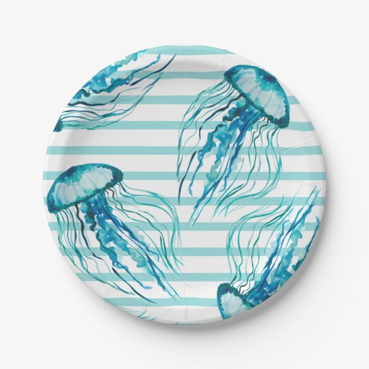 Aqua Blauwgroen Stripes Waterverf Jellyfish Papieren Bordje (Voorkant)