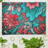 Aqua, Blauwgroen, turkoois en grijs bloemmotief Theedoek (Gevouwen)