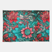 Aqua, Blauwgroen, turkoois en grijs bloemmotief Theedoek (Horizontaal)