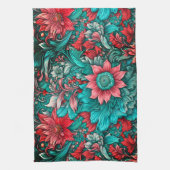 Aqua, Blauwgroen, turkoois en grijs bloemmotief Theedoek (Verticaal)