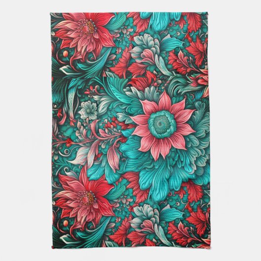 Aqua, Blauwgroen, turkoois en grijs bloemmotief Theedoek (Verticaal)