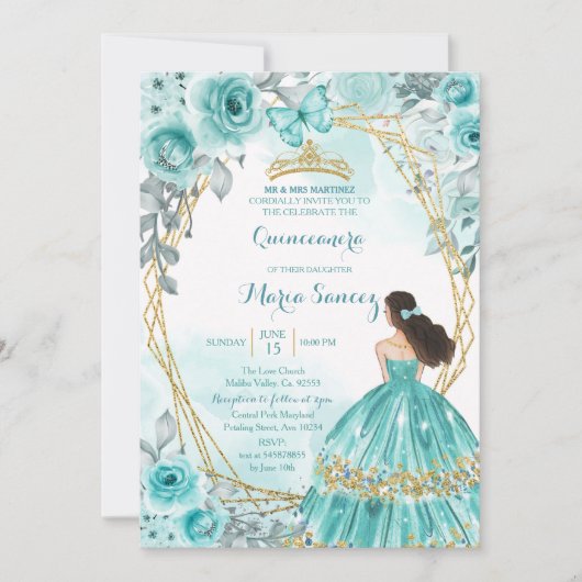 Aqua Blauwgroen Turquoise2 Roos & Butterfly Mis Qu Kaart (Voorkant)