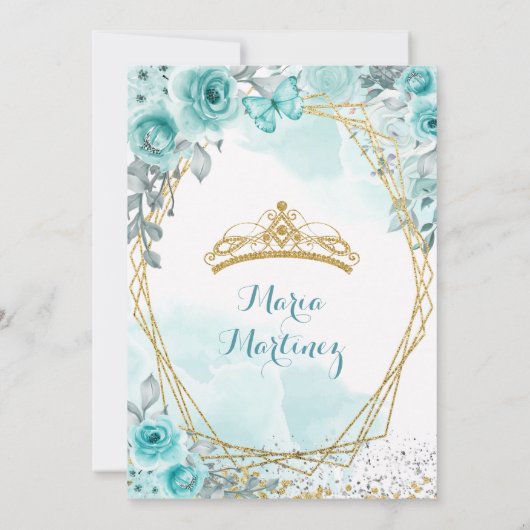 Aqua Blauwgroen Turquoise2 Roos & Butterfly Mis Qu Kaart (Achterkant)