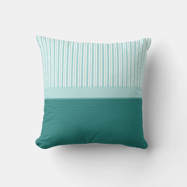 Aqua Blauwgroen Turquoise Blue Stripes Polka Dots Kussen (Voorkant)