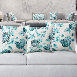 Aqua Blauwgroen Turquoise Botanical Floral Toile N Kussen