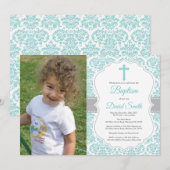 Aqua Blauwgroen Turquoise Damask Cross Baptisme Kaart (Voorkant / Achterkant)