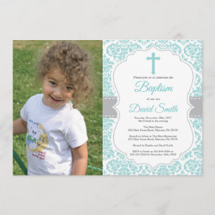 Aqua Blauwgroen Turquoise Damask Cross Baptisme Kaart