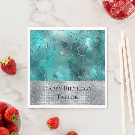 Aqua Blauwgroen Turquoise Zilveren Glam Servet (Insitu)