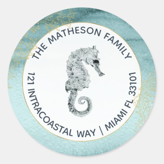 Aqua Blauwgroen Waterverf Nautisch Retouradres Ronde Sticker (Voorkant)