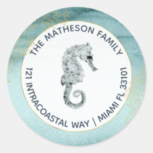 Aqua Blauwgroen Waterverf Nautisch Retouradres Ronde Sticker