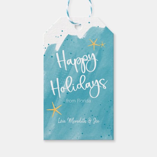 Aqua Blauwgroen Waterverf Prettige feestdagen Cadeaulabel (Voorkant)