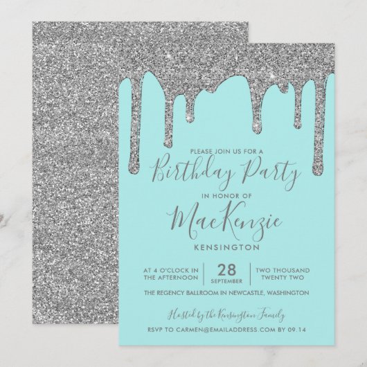 Aqua Blauwgroen Zilverspaarder Glitter Drift Birth Kaart (Voorkant / Achterkant)