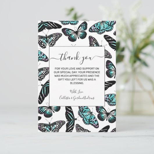 Aqua Blauwgroen zwart Butterflies Waterverf Patroo Bedankkaart (Staand voorkant)