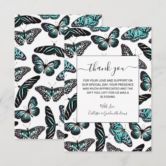 Aqua Blauwgroen zwart Butterflies Waterverf Patroo Bedankkaart (Voorkant / Achterkant)