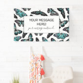 Aqua Blauwgroen zwart Butterflies Waterverf Patroo Spandoek (Insitu)