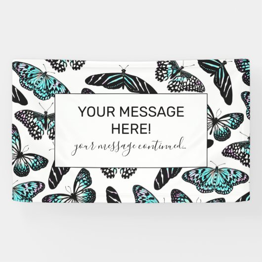 Aqua Blauwgroen zwart Butterflies Waterverf Patroo Spandoek (Horizontaal)