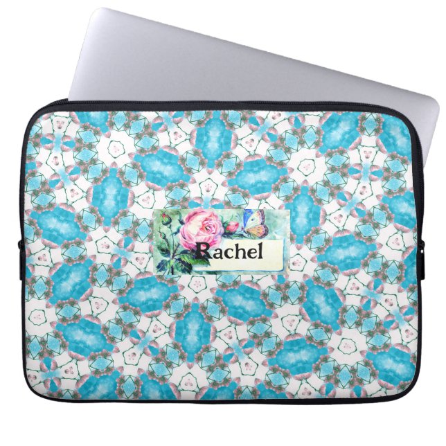 Aqua Bloem Patroon Laptop Sleeve (Voorkant)