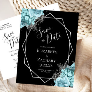 Aqua Bloem Zilver Geo Frame Zwart Bewaar de Datum Briefkaart