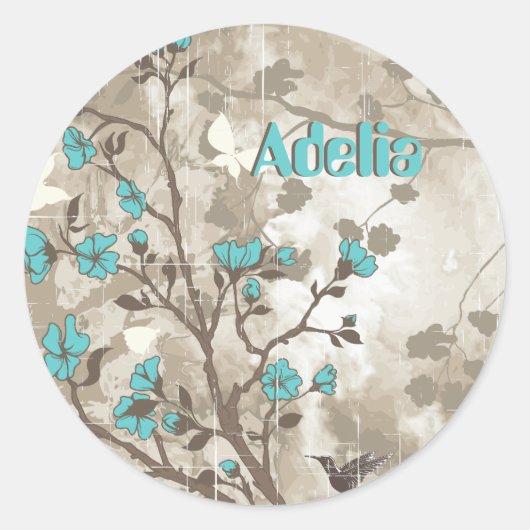  aqua bloemen floral grunge custom ronde sticker (Voorkant)