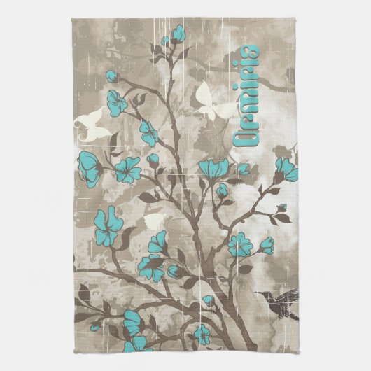  aqua bloemen floral grunge custom theedoek (Verticaal)