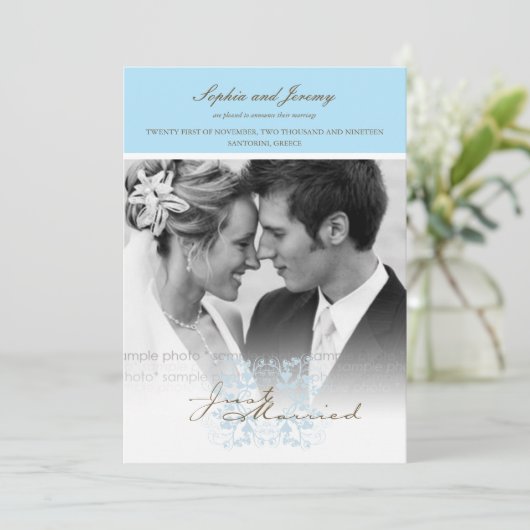 Aqua Bloemen Foto Bruiloft Aankondiging (Staand voorkant)
