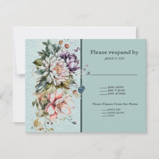 Aqua Bloemen Gazon Bruiloft RSVP Kaartje (Voorkant)