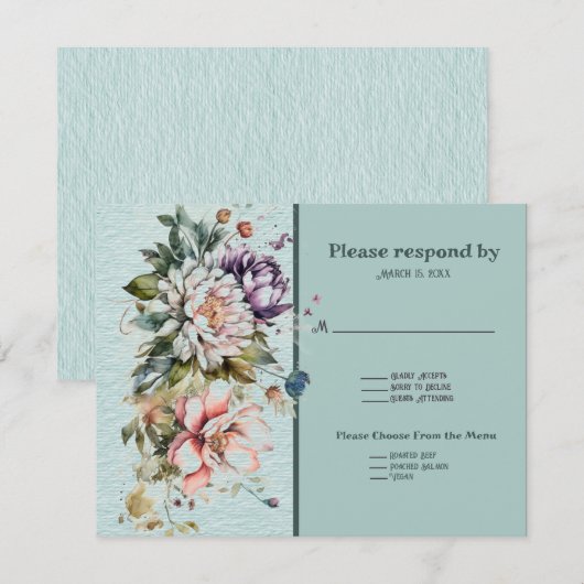 Aqua Bloemen Gazon Bruiloft RSVP Kaartje (Voorkant / Achterkant)