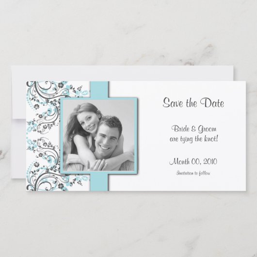 Aqua Bloemen Save the Date Foto Kaarten (Voorkant)