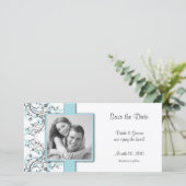 Aqua Bloemen Save the Date Foto Kaarten (Staand voorkant)