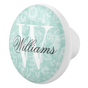 Aqua bloemenprint monogram keramische knop