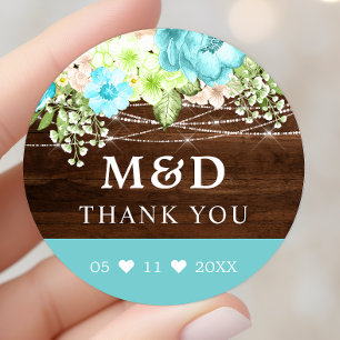 Aqua bloemenslingerlichten rustieke dank je trouw ronde sticker