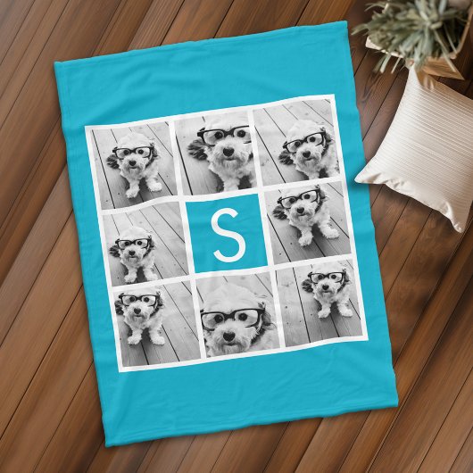 Aqua Blue 8 Foto Collage Aangepaste Monogram Fleece Deken