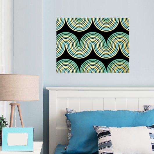 Aqua Blue Abstract Wave Lines Art Pattern Gold Folie Afdrukken (Insitu (Slaapkamer))