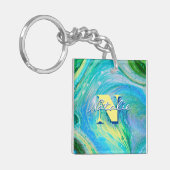 Aqua Blue Acryl Flow Art Sleutelhanger (Voorkant Links)