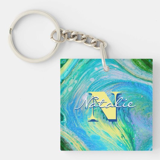 Aqua Blue Acryl Flow Art Sleutelhanger (Voorkant)