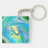 Aqua Blue Acryl Flow Art Sleutelhanger (Achterkant)
