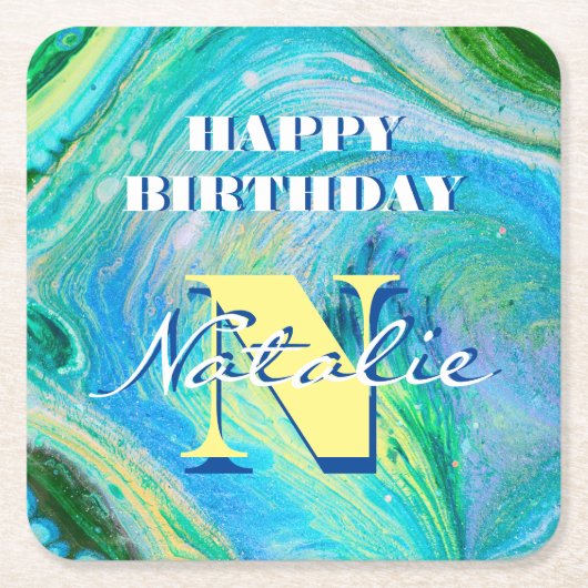 Aqua Blue Acryl Flow Art Vierkant Papier Onderzett Kartonnen Onderzetters (Voorkant)