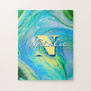 Aqua Blue Acrylic Flow Art Jigzaag Puzzle Legpuzzel