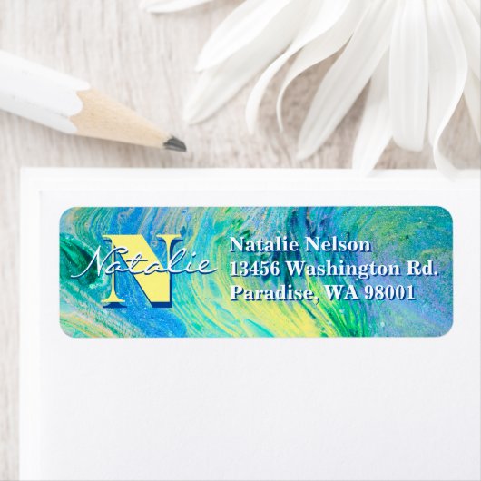 Aqua Blue Acrylic Flow Art Label (Insitu)